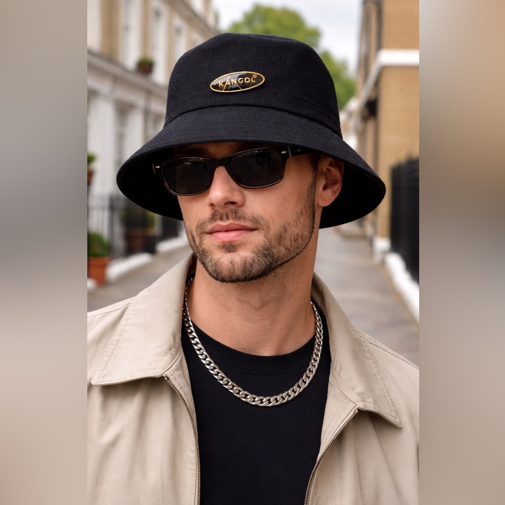Kangol Cotton Crusher Bucket Hat Black Made in England Metal Logo